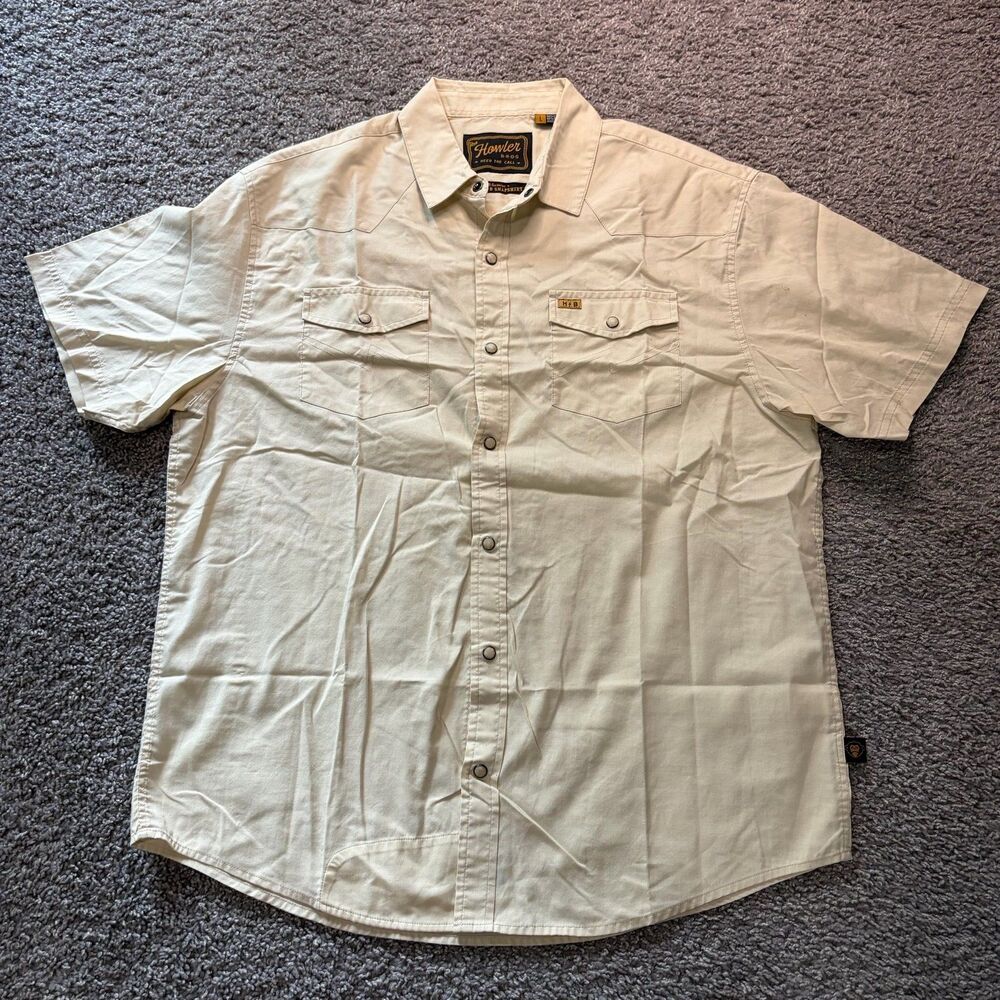 Howler Bros H Bar B Snapshirt Button Down Short Sleeve Cream White Mens Large
